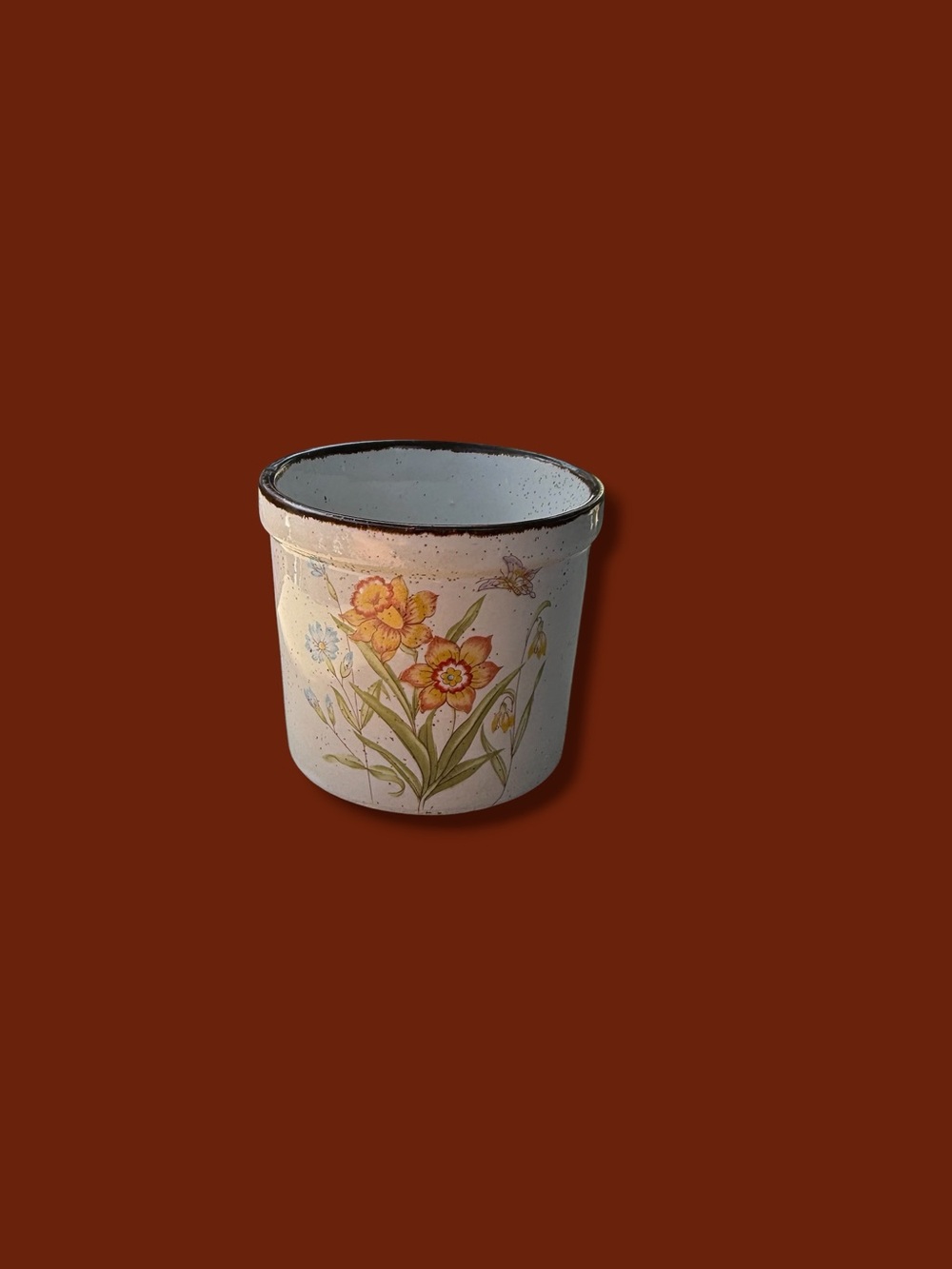 Hand-Painted Floral  Planter - White with Yellow Flowers